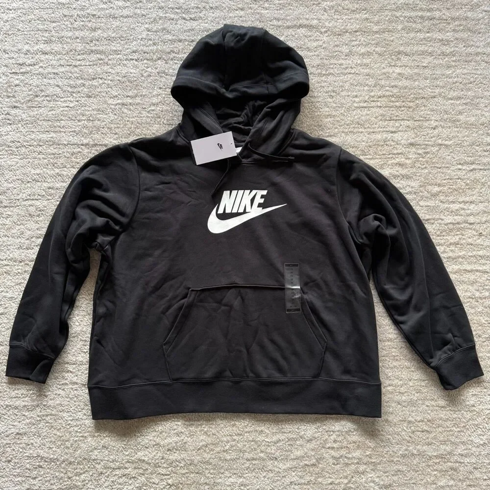 NEW NIKE women's Plus Size black fleece hoodie sweatshirt front pockets - Picture 2 of 7